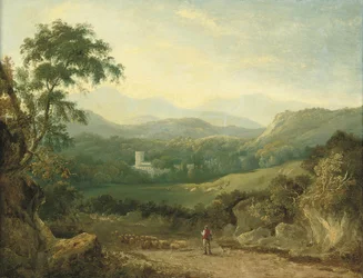 Mountainous Landscape near Porthmadog with Shepherd, Flock, Collie, Traveller, Cows, and Village